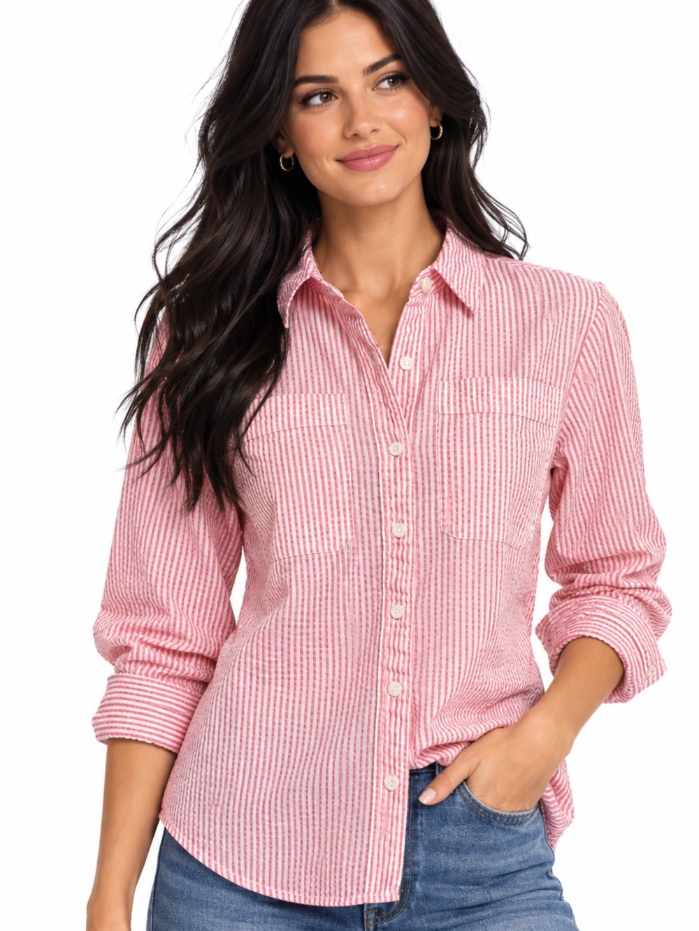 L.L. Bean Pink Pin Stripe Preppy Seersucker Button-Down Shirt